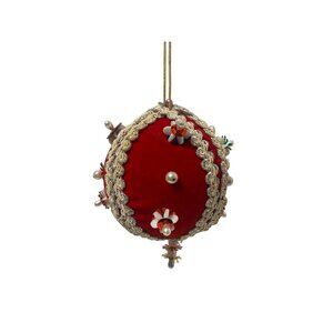 VTG Push Pin Red & Cream Velvet Faux Pearl Beaded Christmas Ornament Fancy